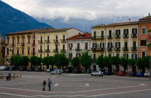 Abruzzo Private Italy Tours of Piazza Garibaldi Sulmona in spring surrounded by snow-capped mountains